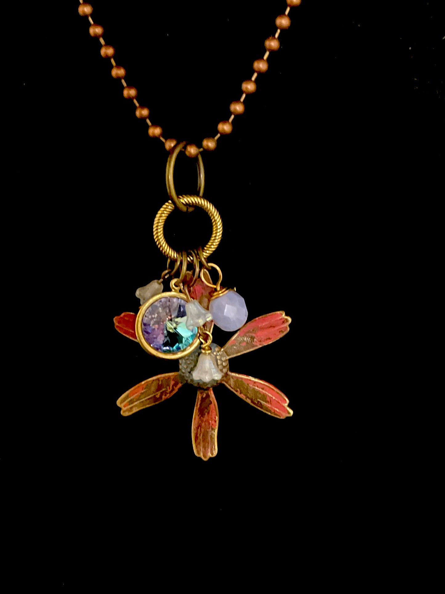 Flowers, Trinkets and Shiny Crystal Charm Necklace