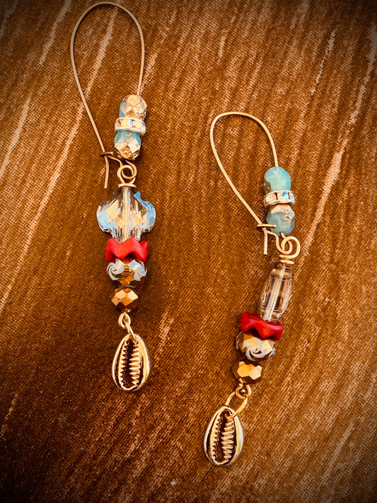 Coral Precious Crystal and Gold Shell Earrings